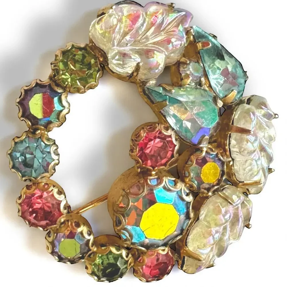 Rudolph Weiss Fruit Salad Glass Leaves AB Rhinestone Gold Wreath Pin Brooch